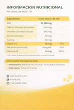 Cargar imagen en el visor de la galería, Tabla nutricional de Jarabe EpaPlus Immuncare Tos con miel, extractos vegetales y vitaminas por dosis diaria.
